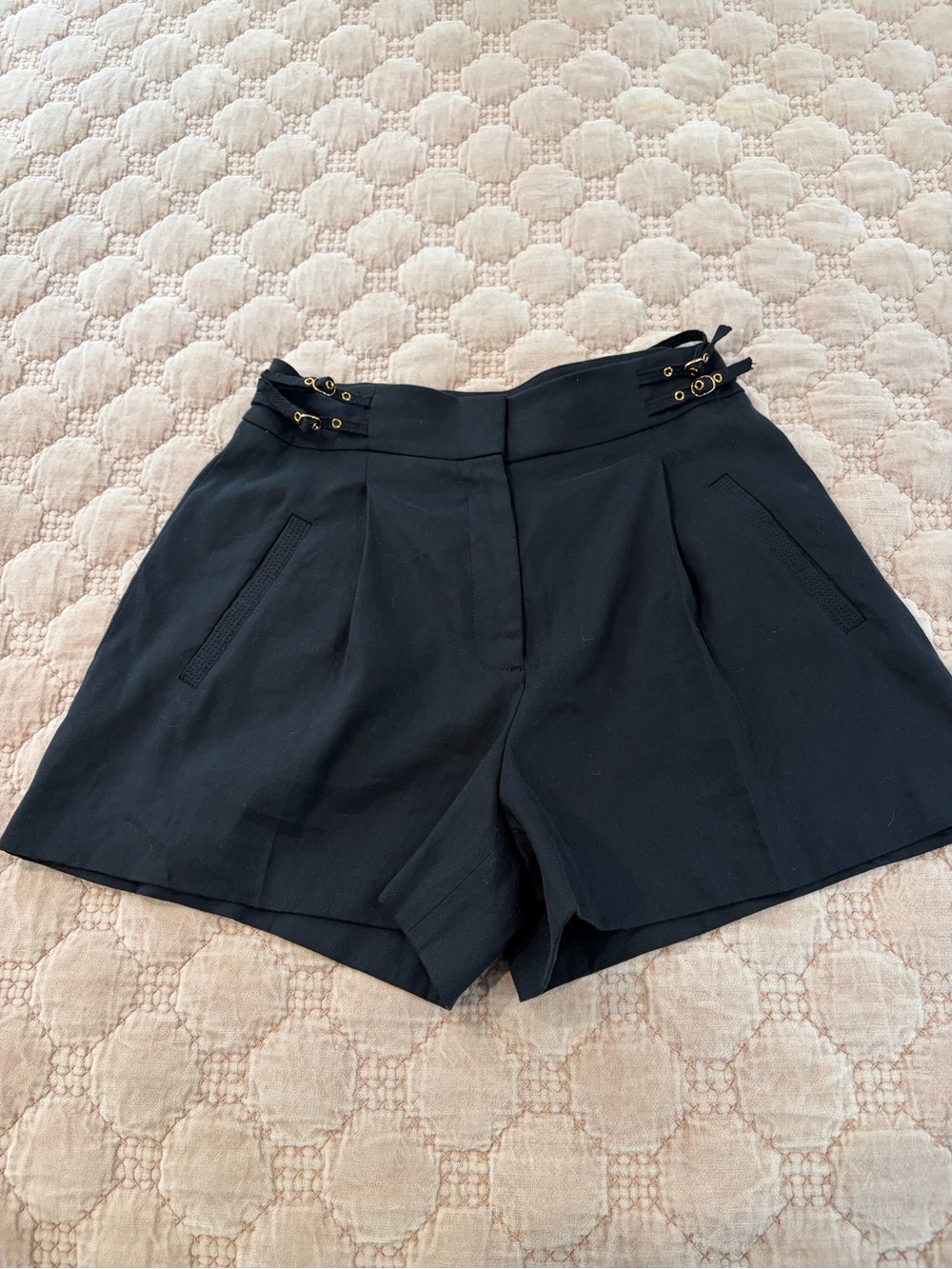 Veronica Beard Black High-Waist Shorts with Double Side Buckles